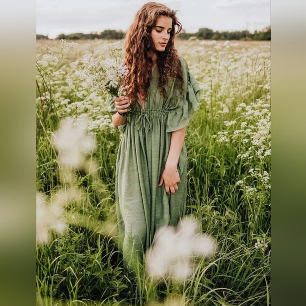 New Boho Flowy Gauze Cover Up Maxi Dress Sage Green
